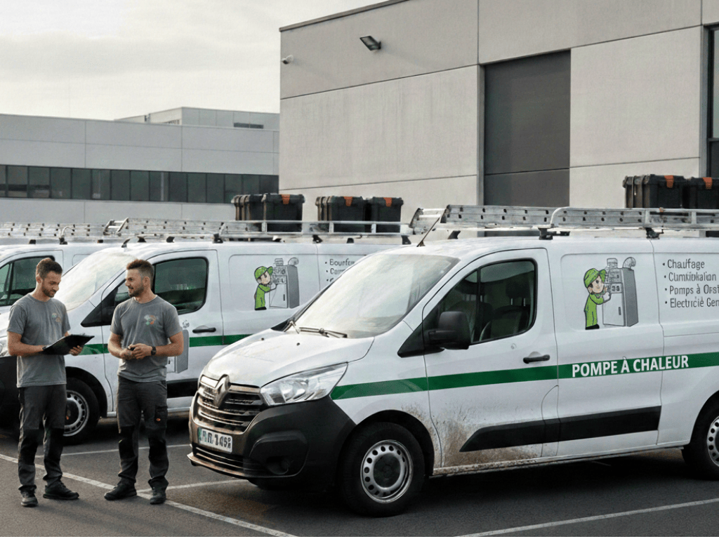 Deux techniciens devant des camions utilitaires d’installation de pompes à chaleur stationnés sur un parking professionnel.